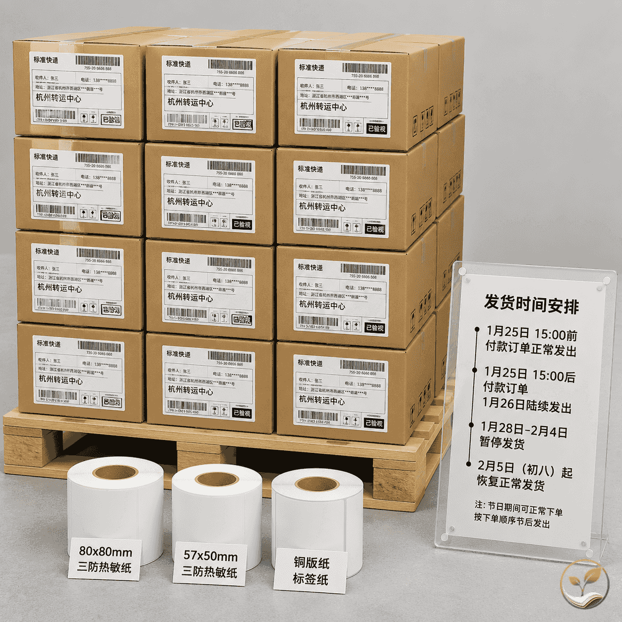 仓库发货场景，热敏纸卷与包裹整齐摆放，旁边有物流时间表提示
