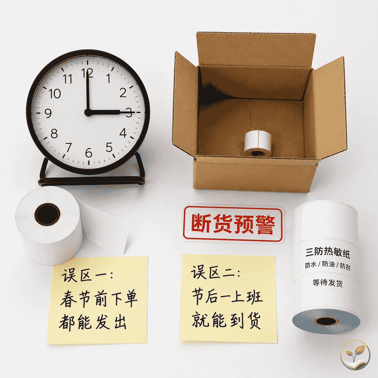 两个常见采购误区示意，热敏纸库存与时钟、便签摆拍