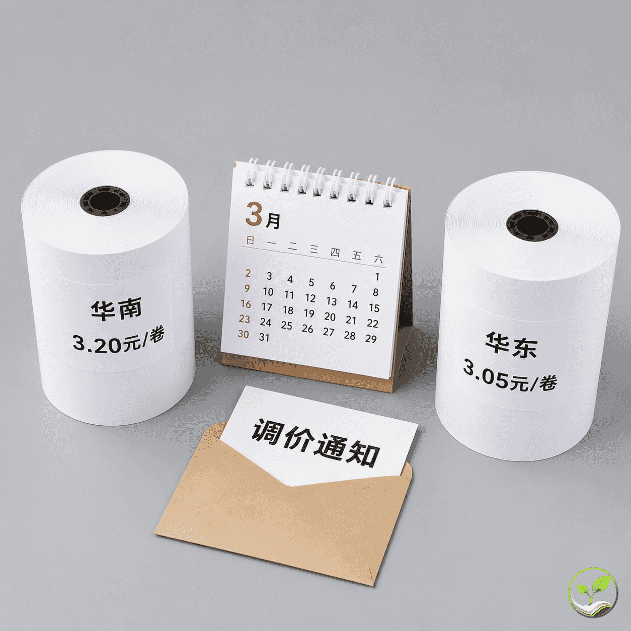 华南与华东两卷热敏纸对比展示，价格标签体现区域差异和调价滞后