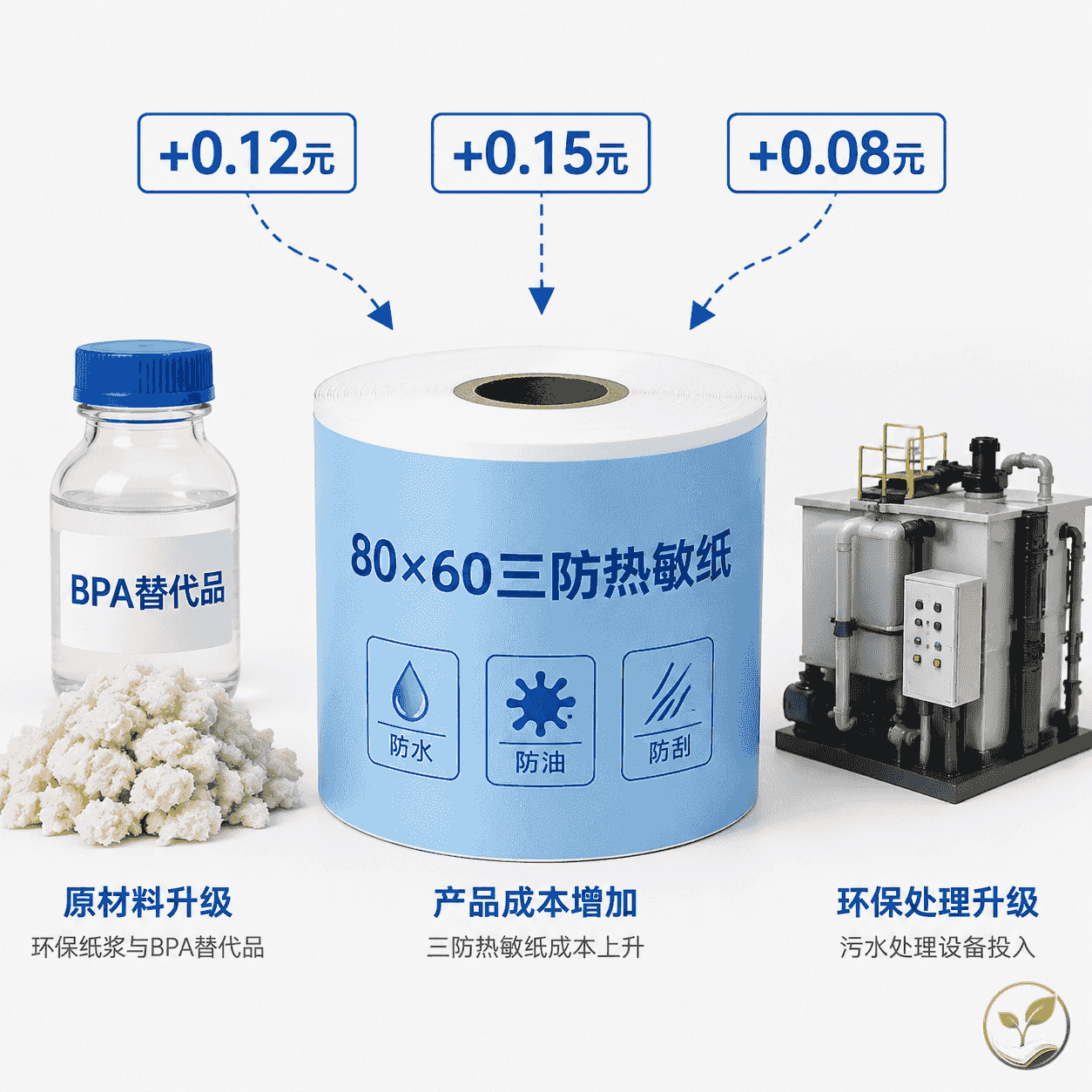 三防热敏纸、普通热敏纸与原材料样本并排展示,标注成本构成