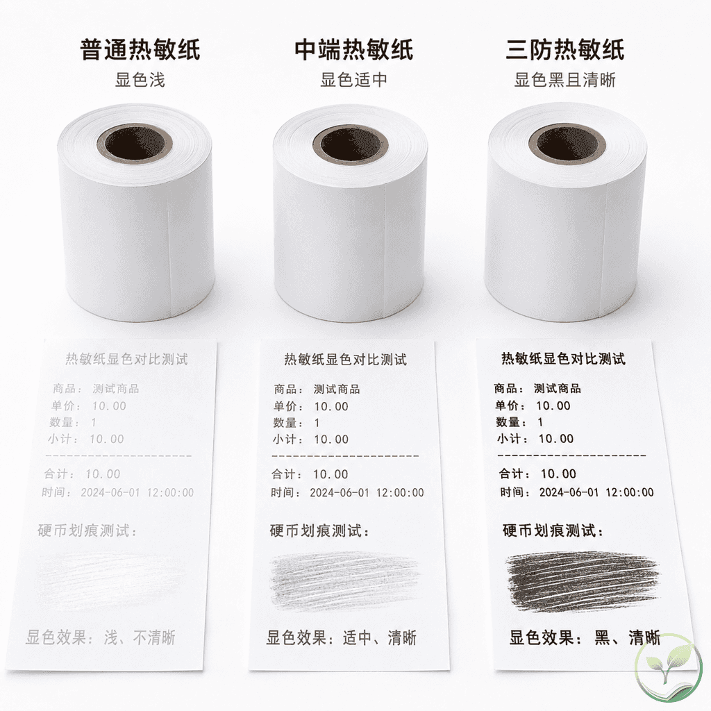 三张热敏纸品质对比：普通纸、中端纸、三防纸，显示显色测试和保存效果