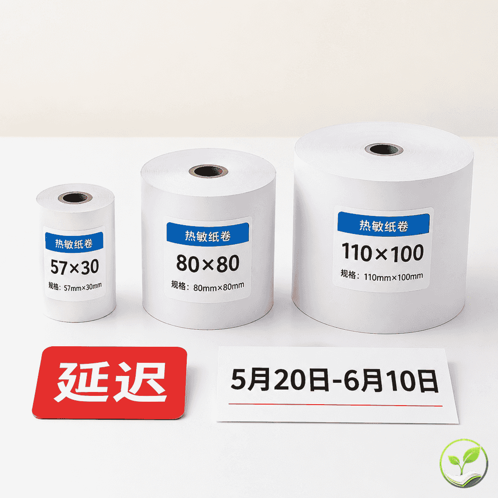 三种常见热敏纸规格卷并列展示:57×30、80×80、110×100,旁边有延迟标签和日期标记