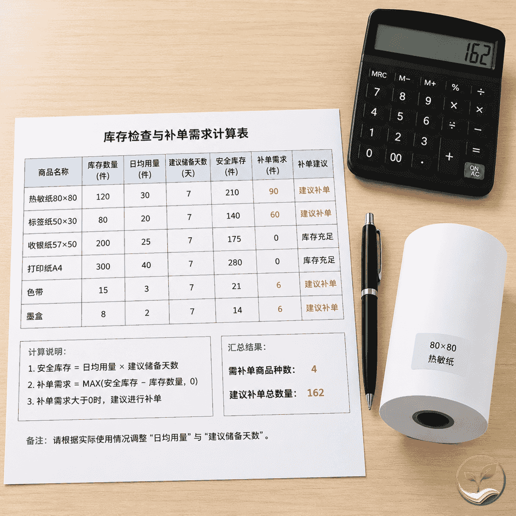 办公桌上放着一张库存记录表、计算器、热敏纸卷和一支笔，示意计算库存天数检查补单需求