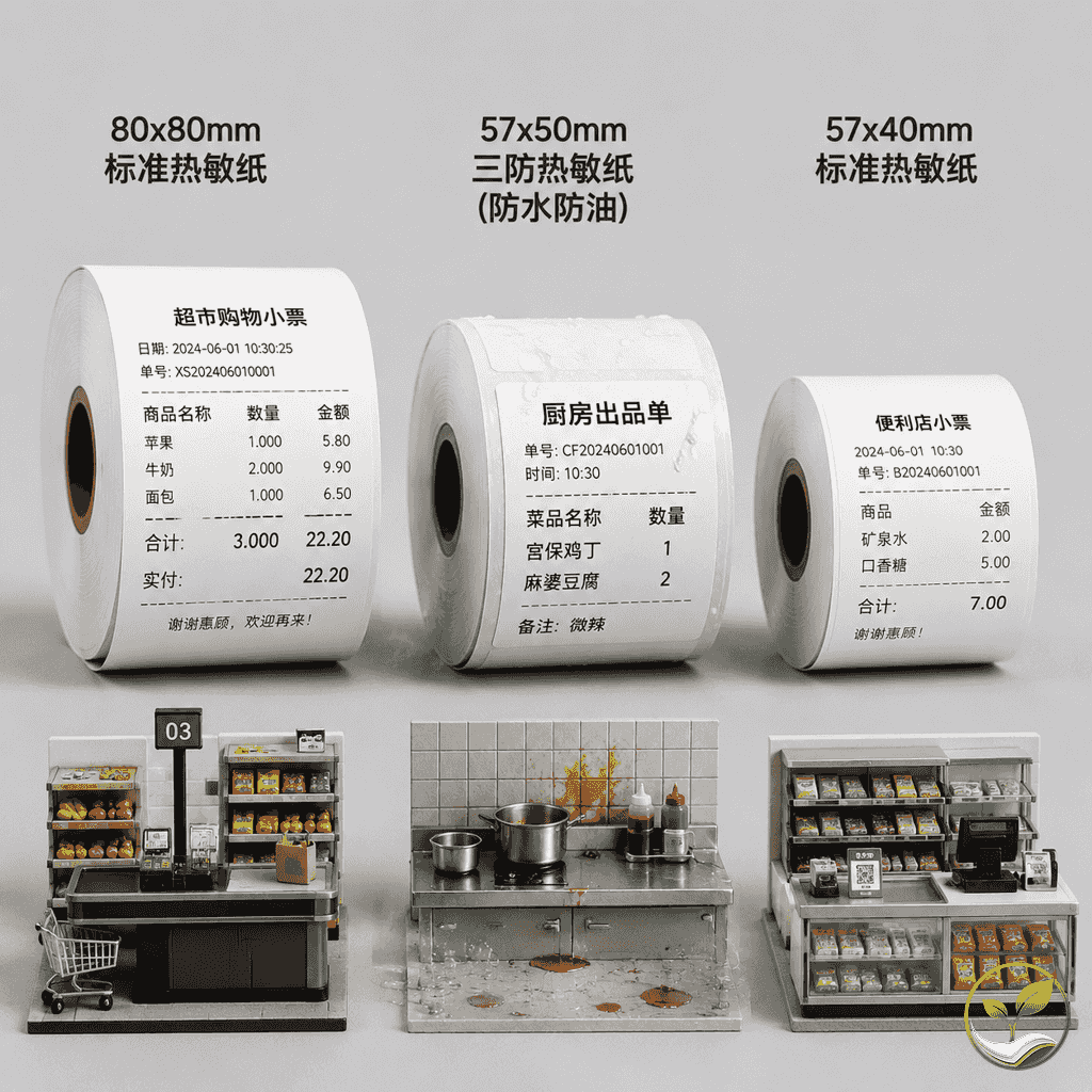 三组热敏纸卷并排放置，分别标注超市、餐饮、便利店场景，展示不同规格和材质差异