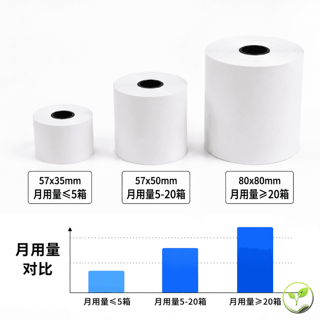 不同年用量对应的热敏纸卷规格对比展示,从月用量5箱以下到20箱以上