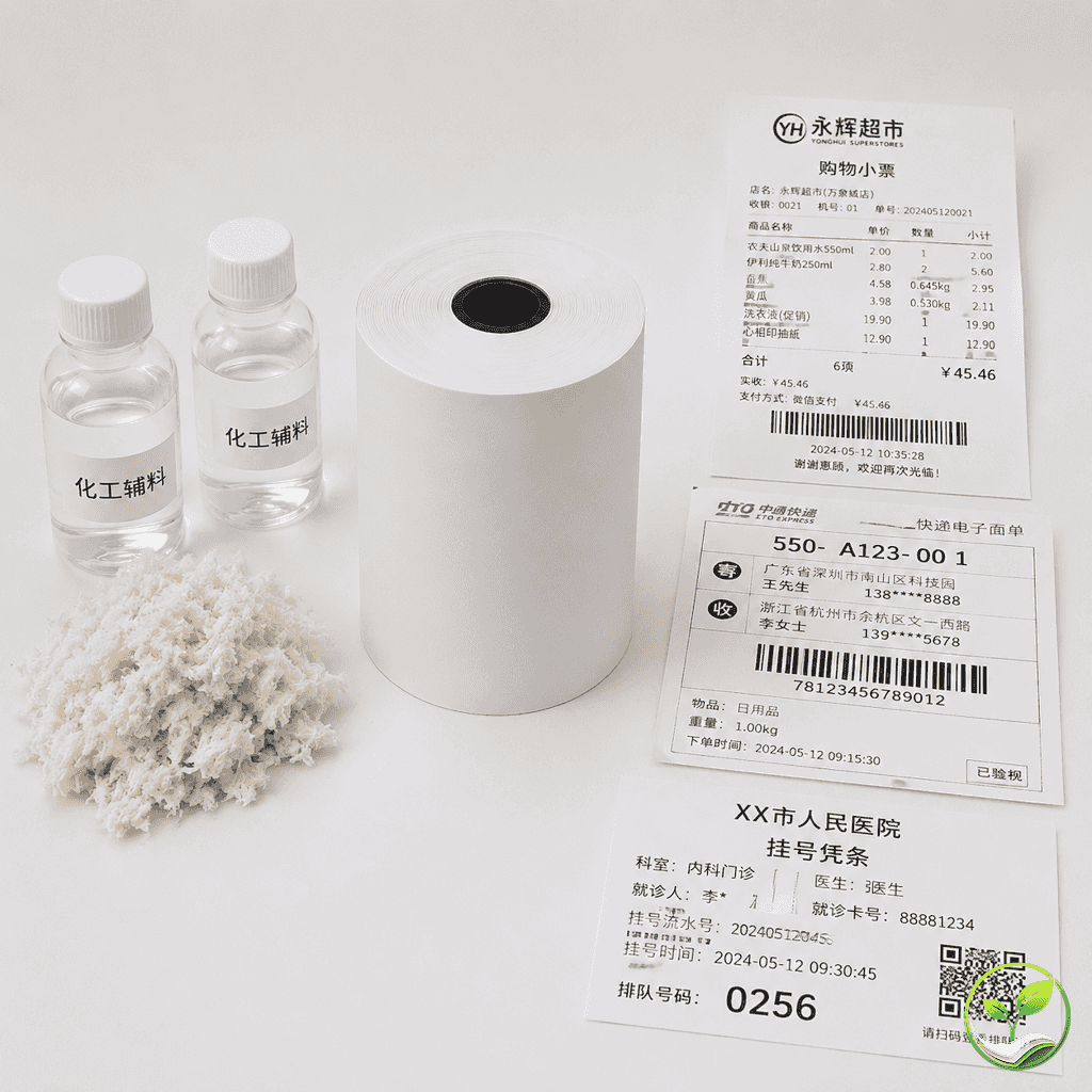 白色背景上，中间一卷热敏纸，左侧有木浆原料小堆和化工辅料小瓶，右侧有超市购物小票、快递面单和医院挂号单样品，表达成本、需求、供给三要素