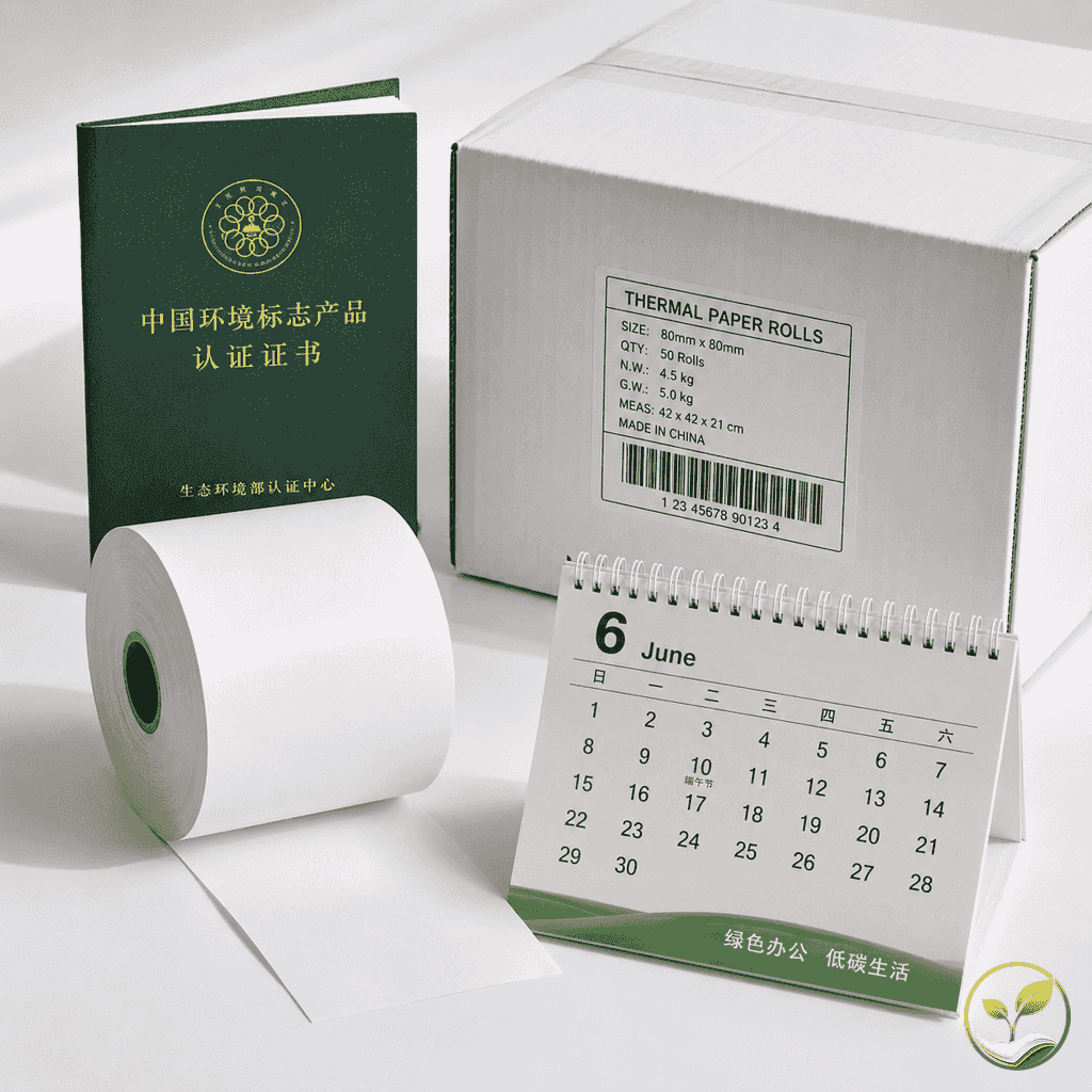 白色桌面上，一卷热敏纸旁边放有环保合规证书和带有出口标识的纸箱，旁边一个小台历翻到6月页，表达政策检查与出口订单的影响