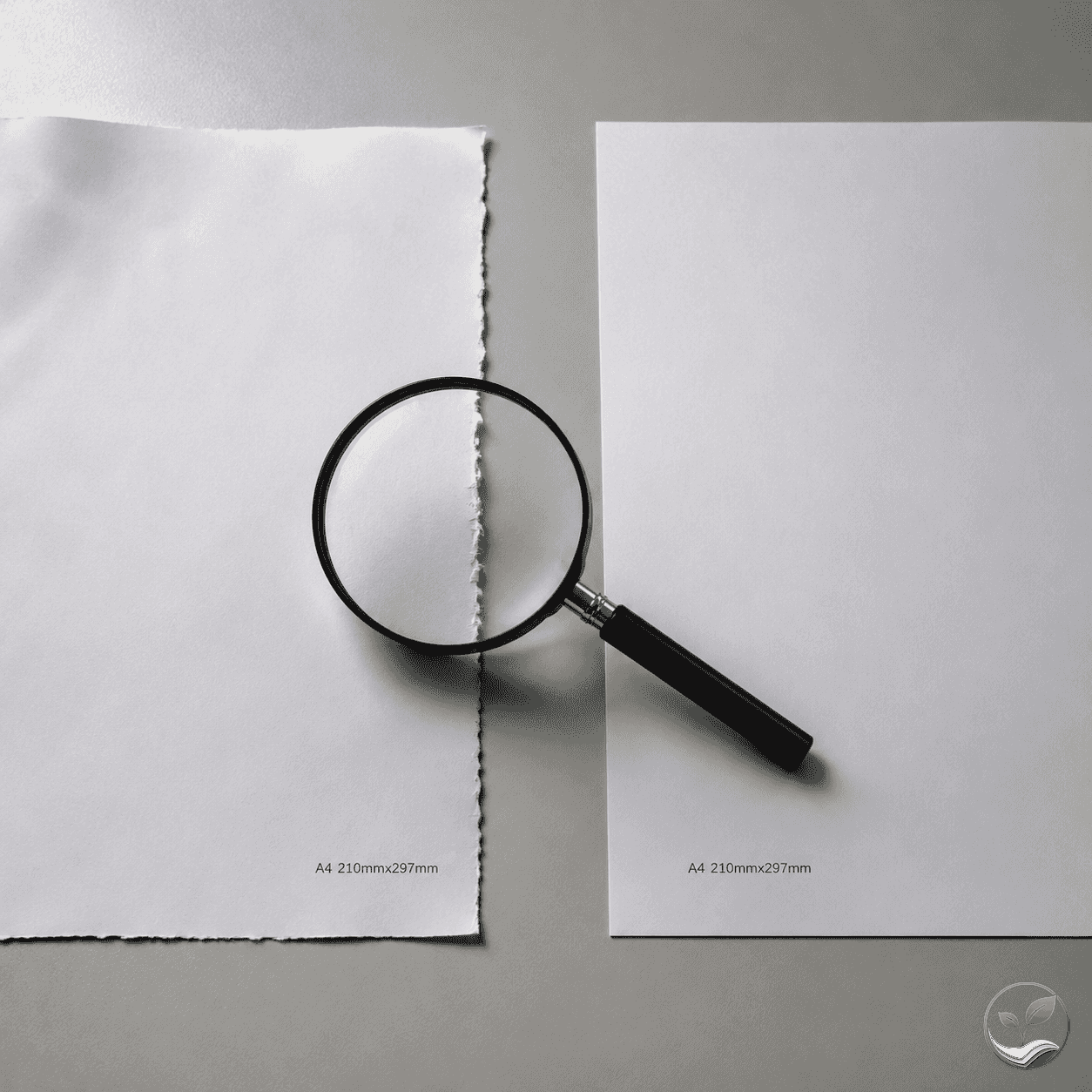 左右对比展示两种电脑打印纸:左侧纸张边缘毛糙且略有卷曲,右侧纸张边缘整齐平整,中间放一个放大镜,体现裁切精度差异