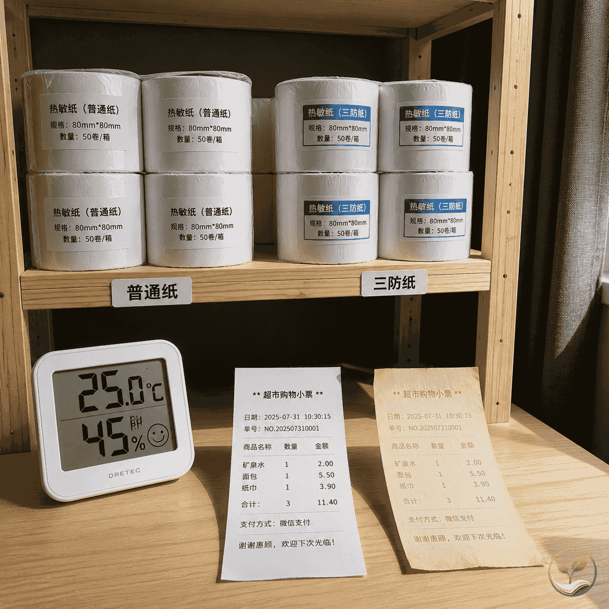 仓库环境中热敏纸卷存放在货架上,旁边有温湿度计和避光存储标签,一张发黄的热敏纸与一张新纸对比