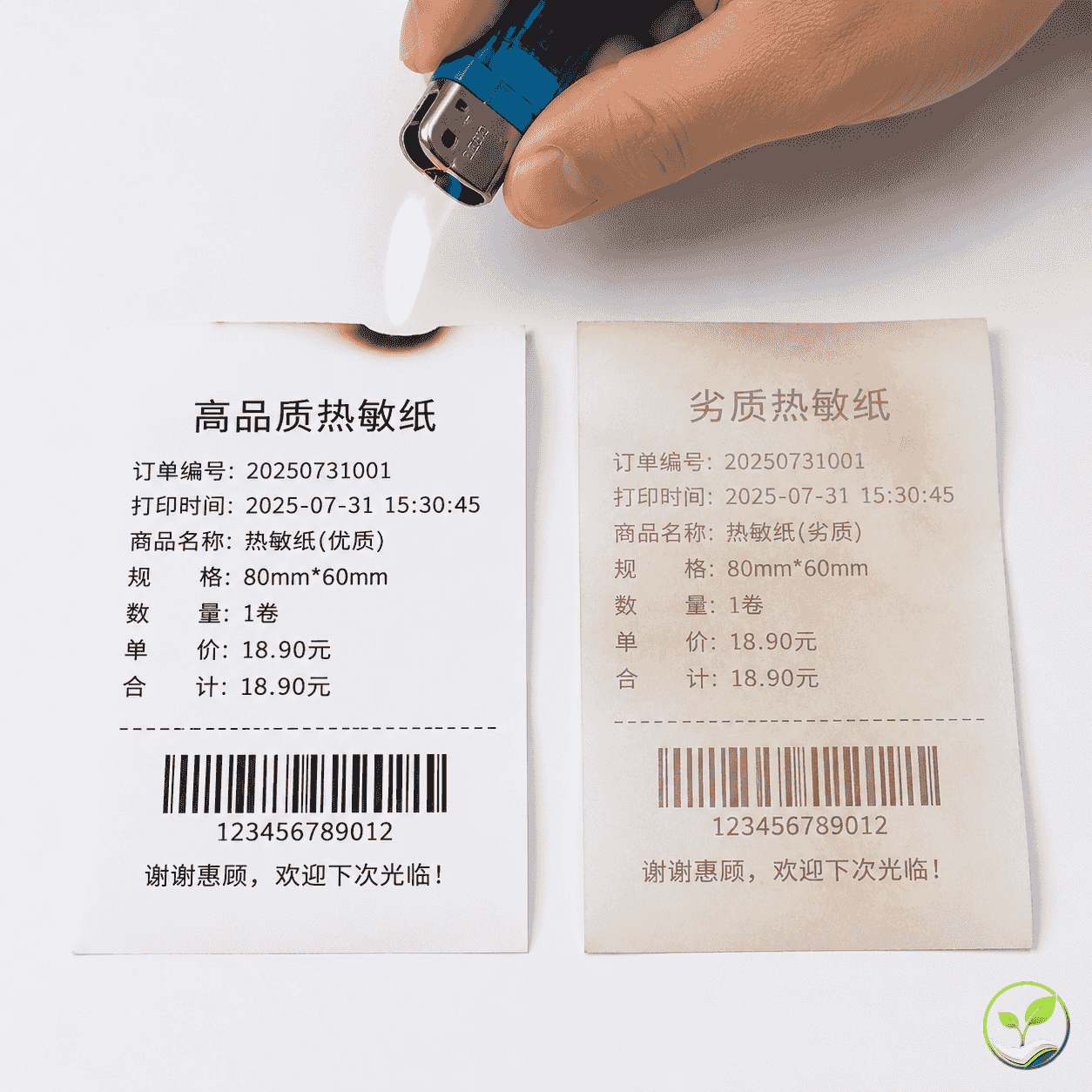 打火机火焰外焰靠近一张打印有条形码的热敏纸表面,旁边显示清晰黑色显色和暗淡棕色显色的对比效果