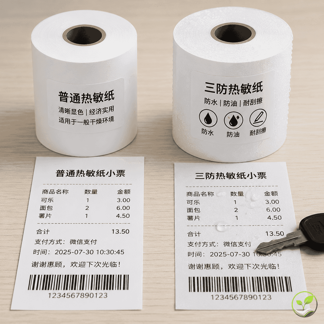 两卷热敏收银纸并排对比,一卷普通热敏纸,一卷三防热敏纸,旁边有打印小票展示显色效果
