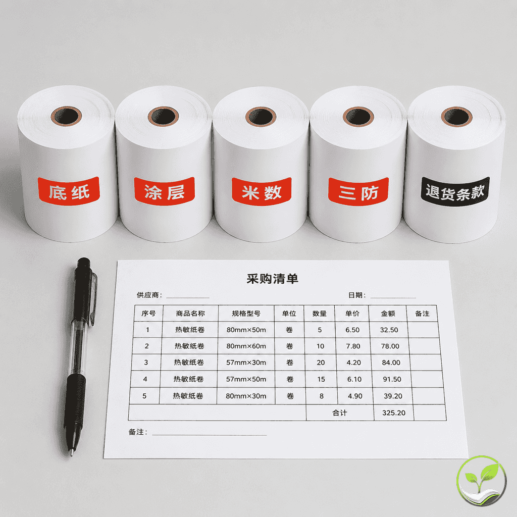 五个细节关键字标签（底纸、涂层、米数、三防、退货条款）分别贴在五个热敏纸卷上，旁边放有笔和表格
