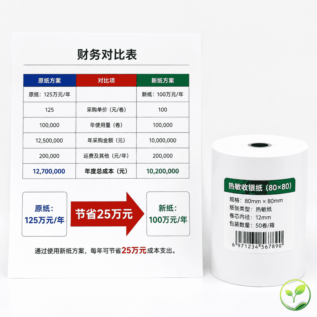 一张财务对比表格展示年采购成本从125万元降到100万元,节省25万元,旁边放着一卷热敏收银纸