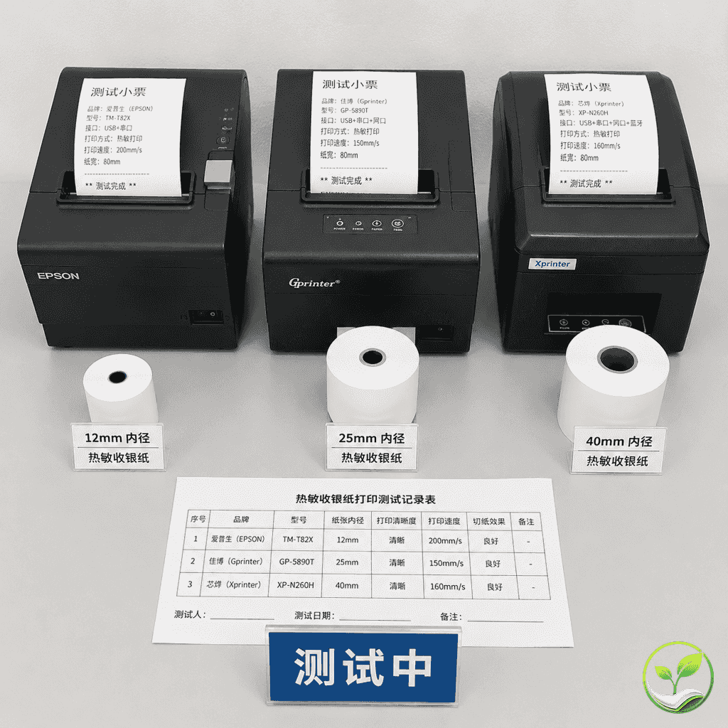 三台不同型号的收银机旁各放一卷热敏收银纸,旁边有测试记录表和“测试中”标识牌