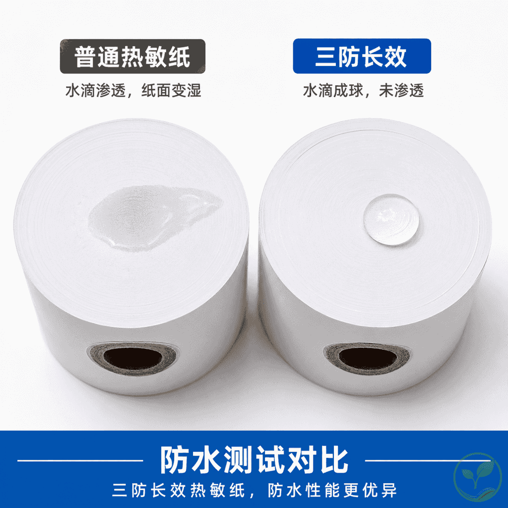 两卷热敏纸并排对比,一卷普通纸和一卷标有三防长效标签的纸,旁边有水滴和油滴测试的示意,展示品质差异