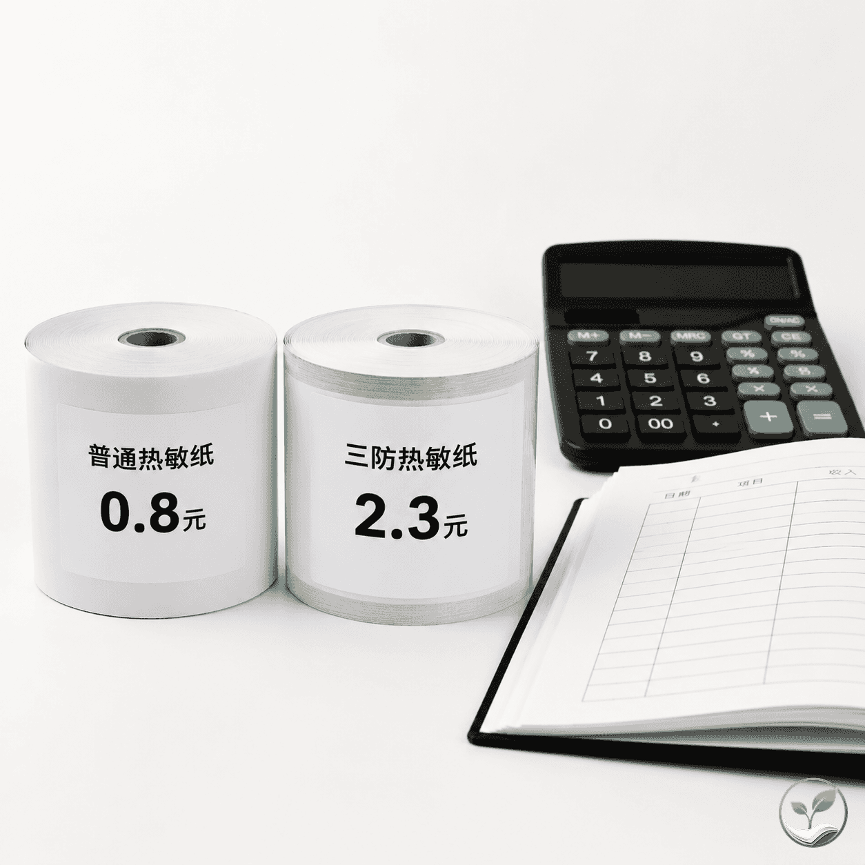 两卷不同规格的热敏纸并排摆放,一卷标注普通款单价0.8元,另一卷标注三防款单价2.3元,旁边放有小型计算器和账本