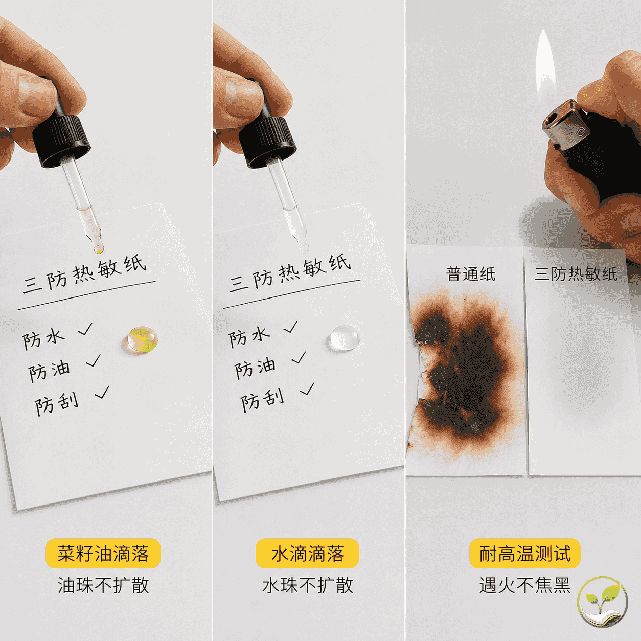 手部局部展示滴油和滴水测试三防热敏纸，油滴呈半球状不扩散，水珠保持原状，另一侧展示打火机烤后普通纸黑斑与三防纸浅灰痕迹对比