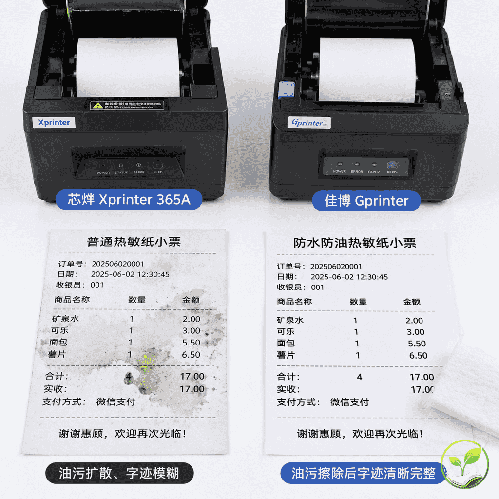 对比展示普通热敏纸与防水防油热敏纸在后厨油污环境下的字迹清晰度差异,旁边摆放芯烨、佳博等打印机