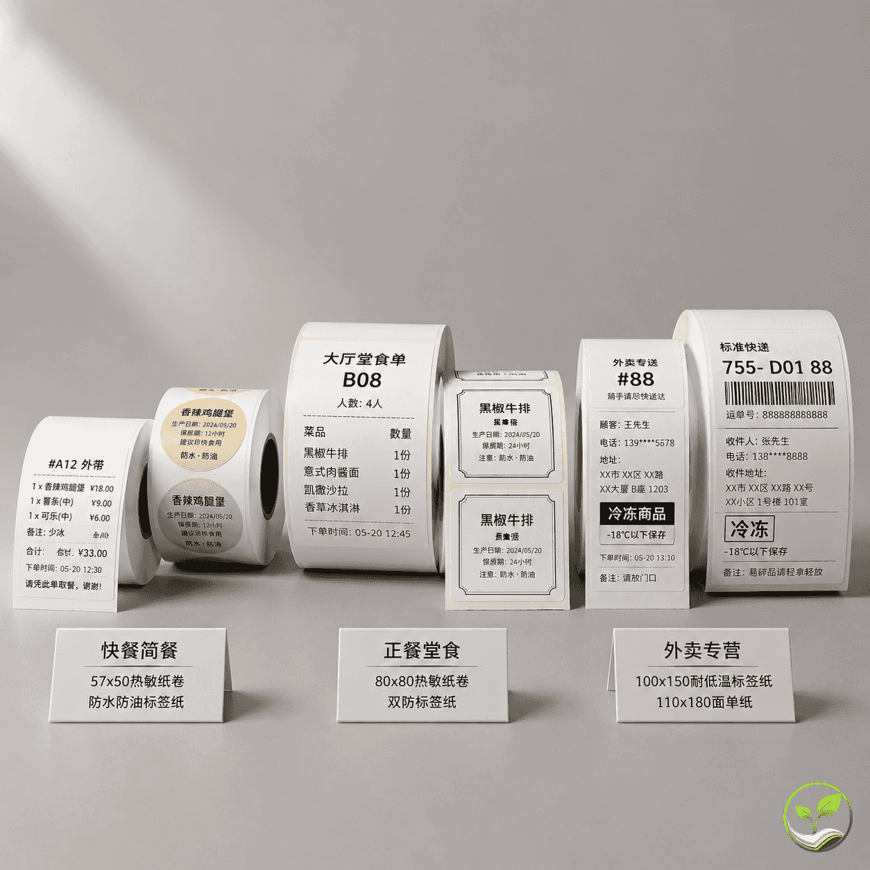 三种餐饮场景对应的热敏纸与标签纸分类展示