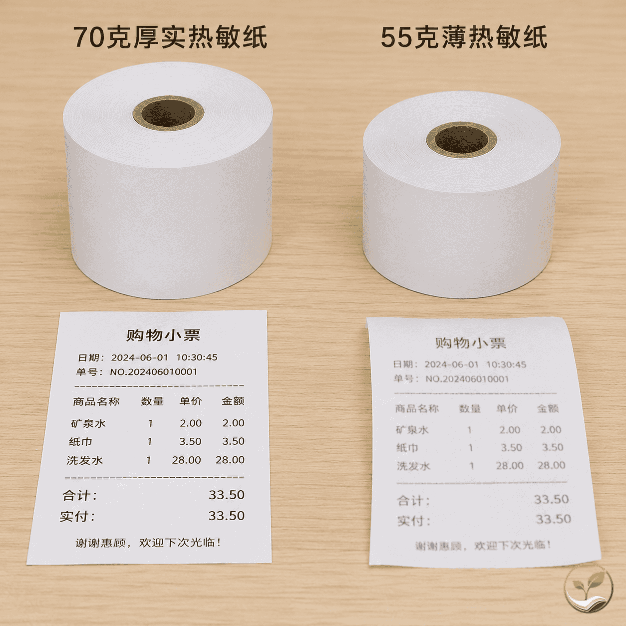 两张打印好的热敏小票对比,一张字迹清晰纸张挺括,另一张字迹模糊纸张卷曲,旁边放着不同克重的纸卷