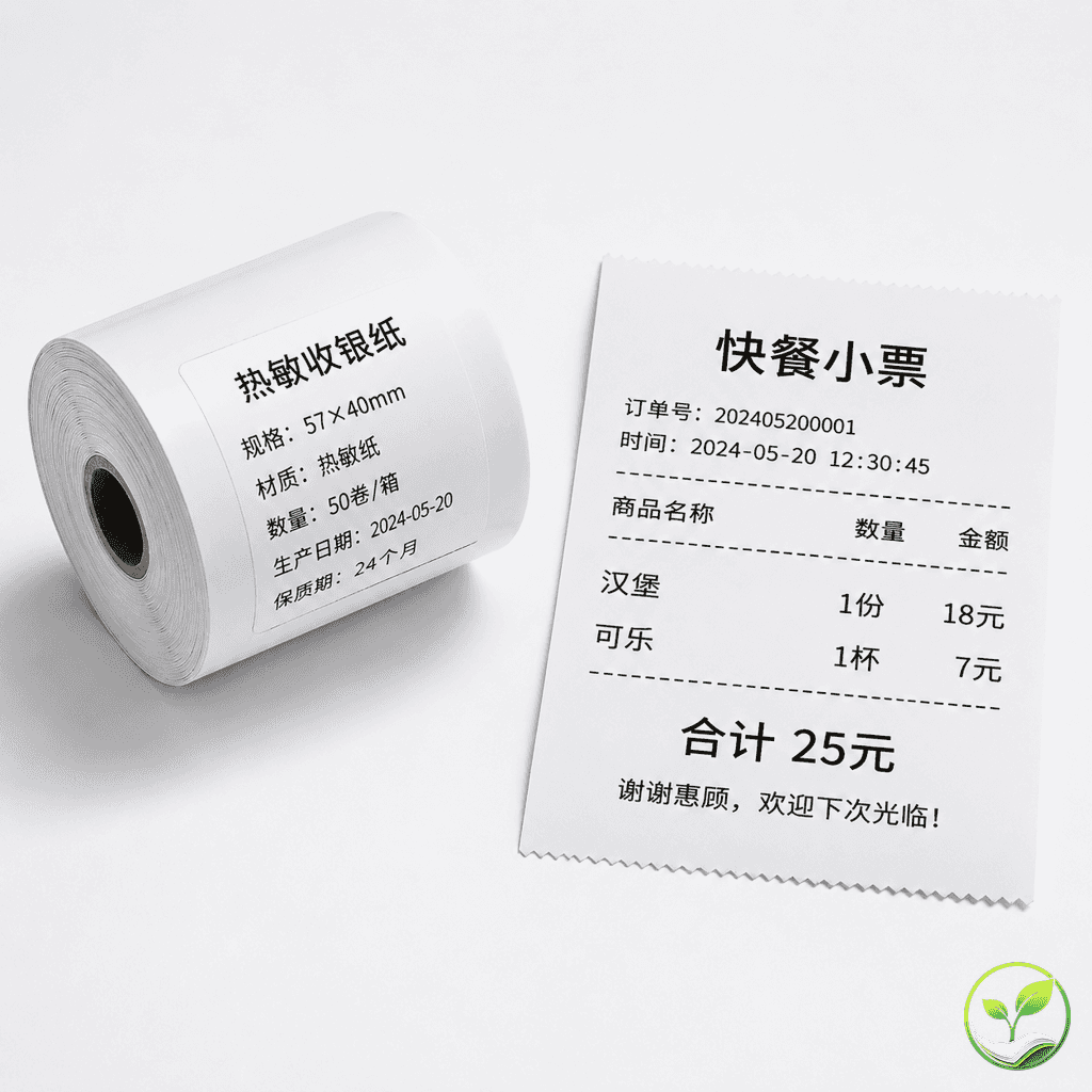 一卷57×40mm热敏纸与一张打印清晰的快餐小票并排展示，小票上显示汉堡、可乐等菜品信息