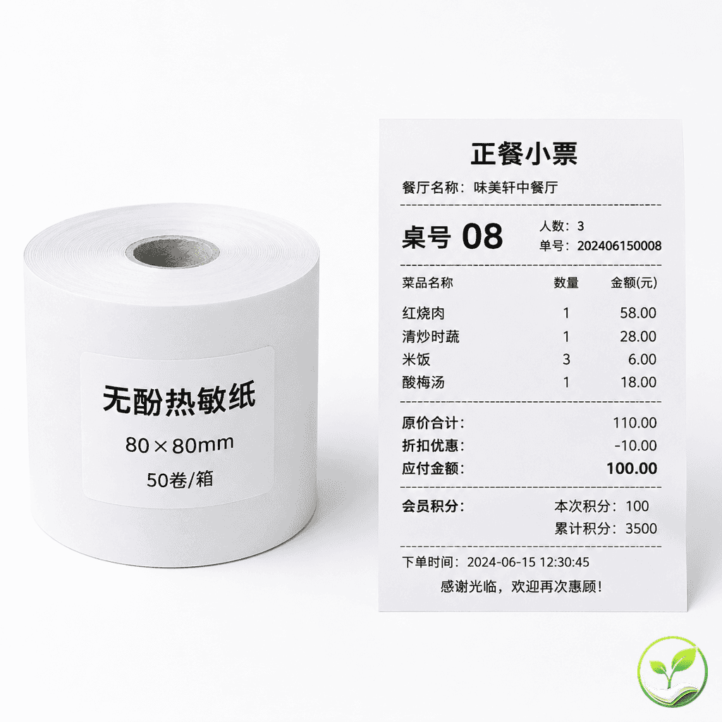一卷80×80mm无酚热敏纸与一张正餐小票并排，小票上显示桌号、菜品明细、折扣等信息