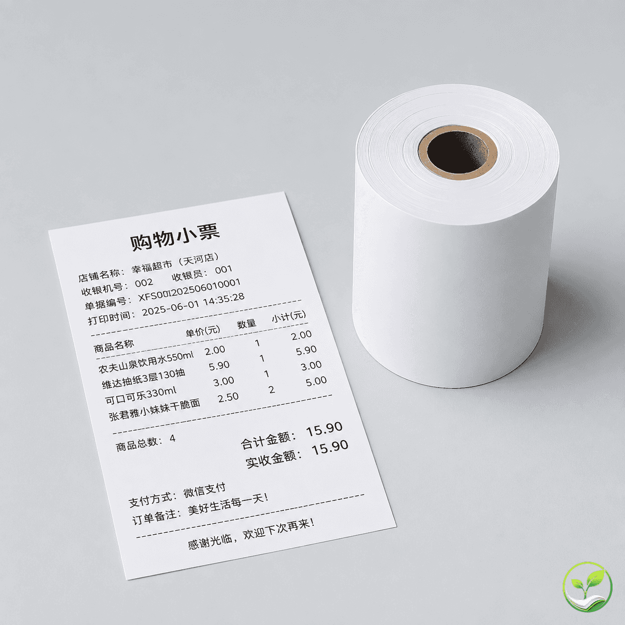 三防热敏纸卷旁边放着一张打印效果深黑的小票,显示纸张品质可靠