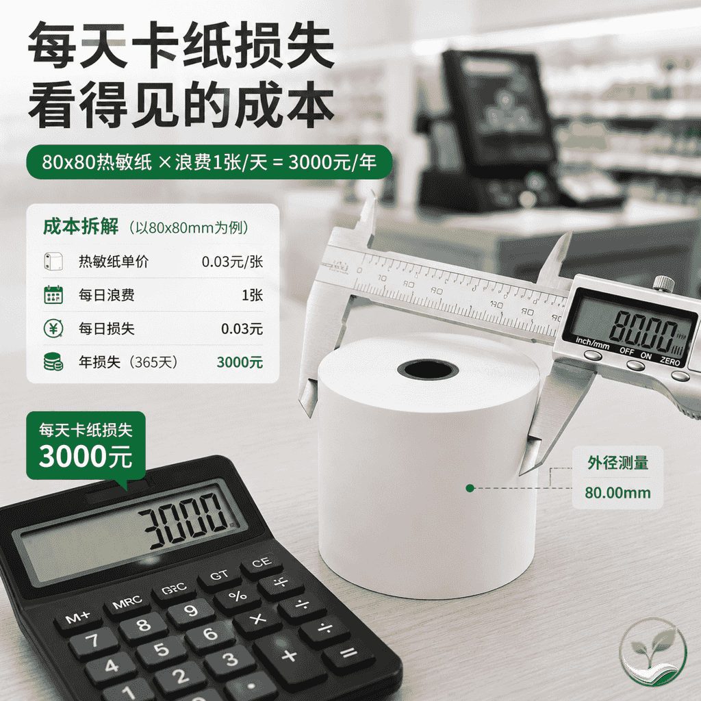 一张白色桌面上展示热敏纸卷和一把卡尺，旁边放着一个计算器，背景虚化有超市收银台环境元素，强调成本计算