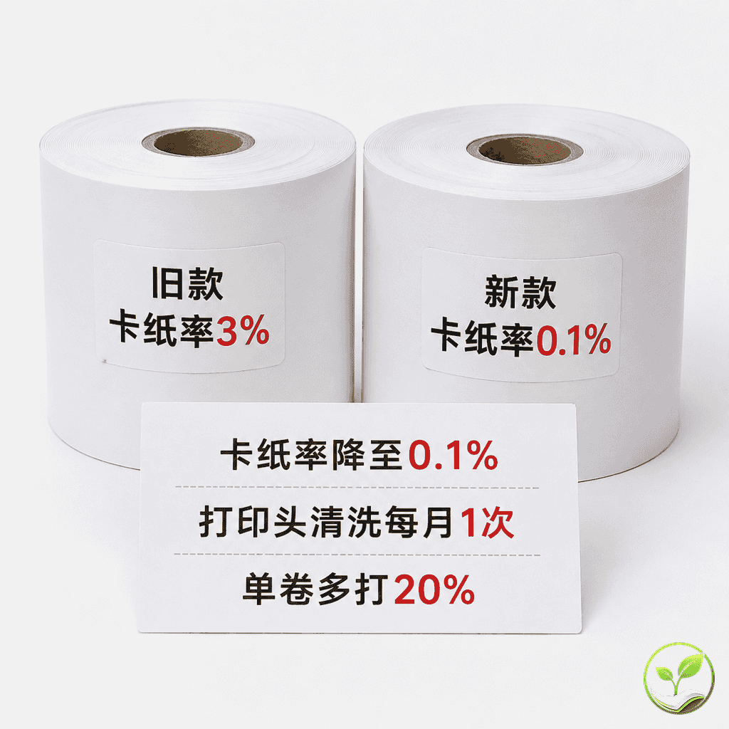 白色桌面上并排展示两卷热敏纸,一卷带有“卡纸率高”标签,一卷带有“0.1%卡纸率”标签,前面放一张对比数据小卡片