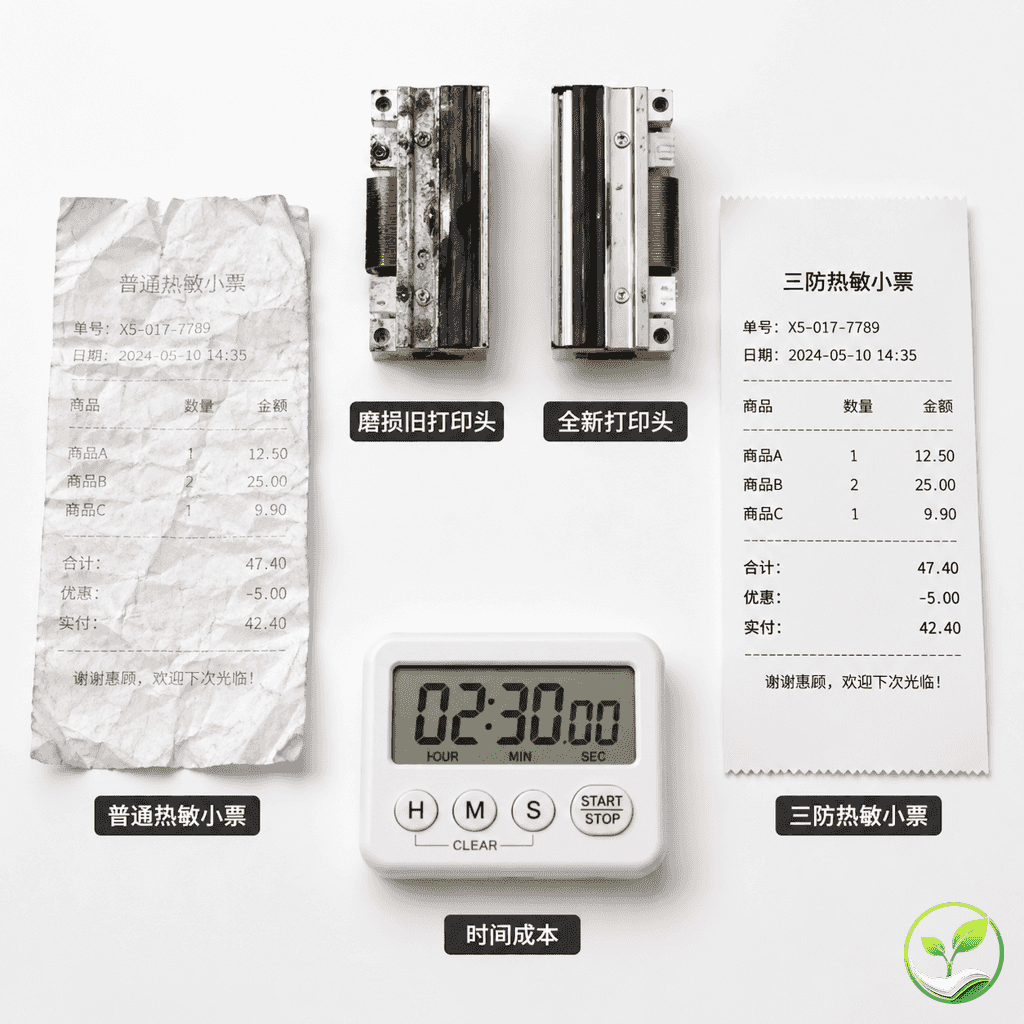 三防热敏纸与普通热敏纸对比:左为受潮褪色模糊的小票、右为清晰的小票,中间展示磨损与崭新的打印头,底部有计时器