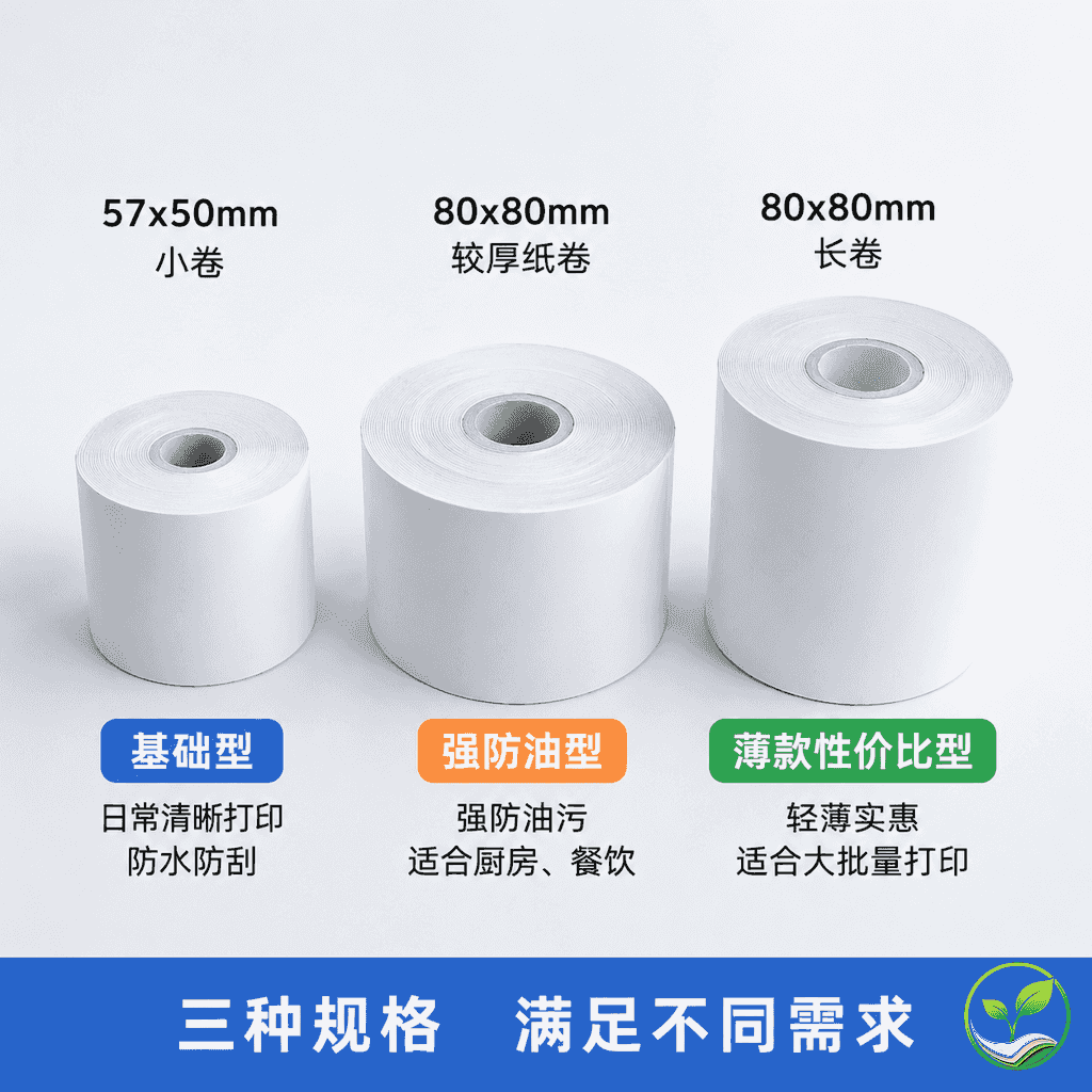 三种不同规格的三防热敏纸卷并排展示,分别标注基础型、强防油型、薄款高性价比型