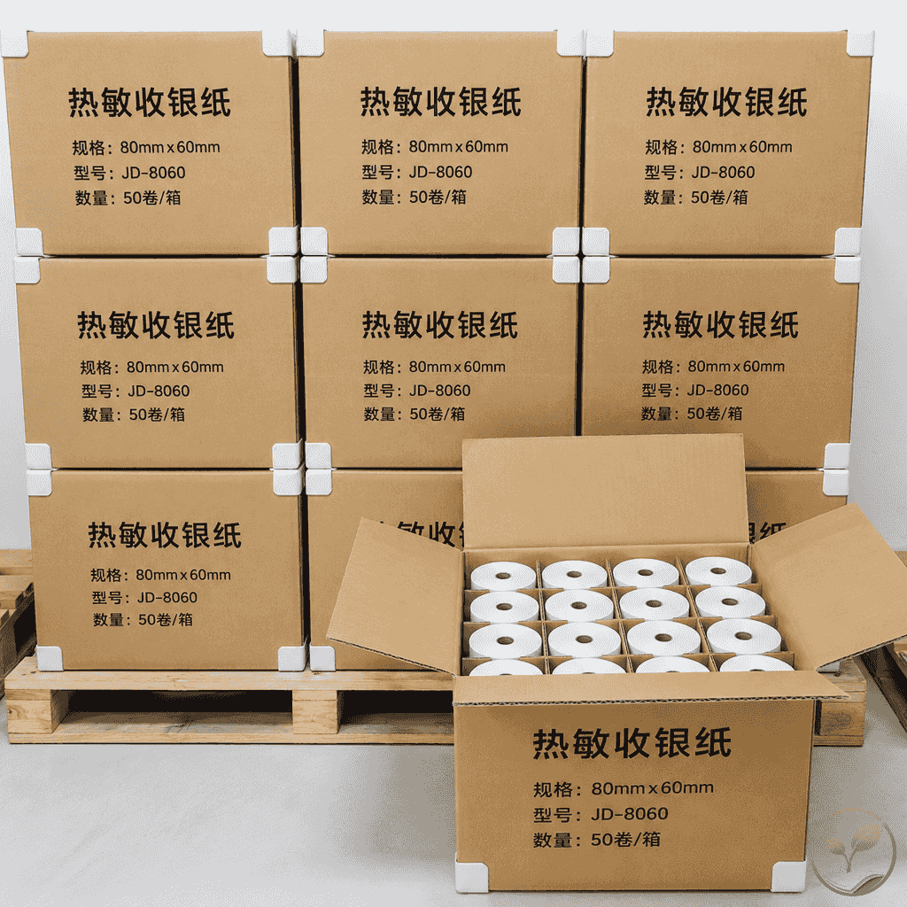 仓库中堆叠着多个纸箱,纸箱上印有热敏纸标识和规格标签,部分纸箱打开露出内部分隔包装的收银纸卷