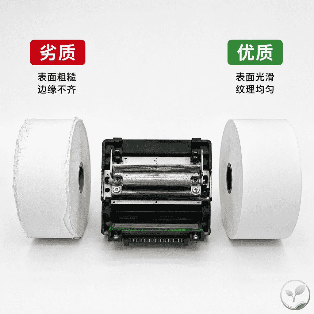 两种热敏纸卷并排放在工作台上,左侧纸张表面粗糙有杂质,右侧纸张光滑均匀,旁边有拆开的打印机打印头组件展示