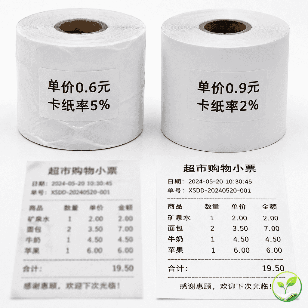 两卷热敏纸并排对比,左边普通纸标价0.6元且卡纸率高,右边三防纸标价0.9元且卡纸率低,展示选购误区