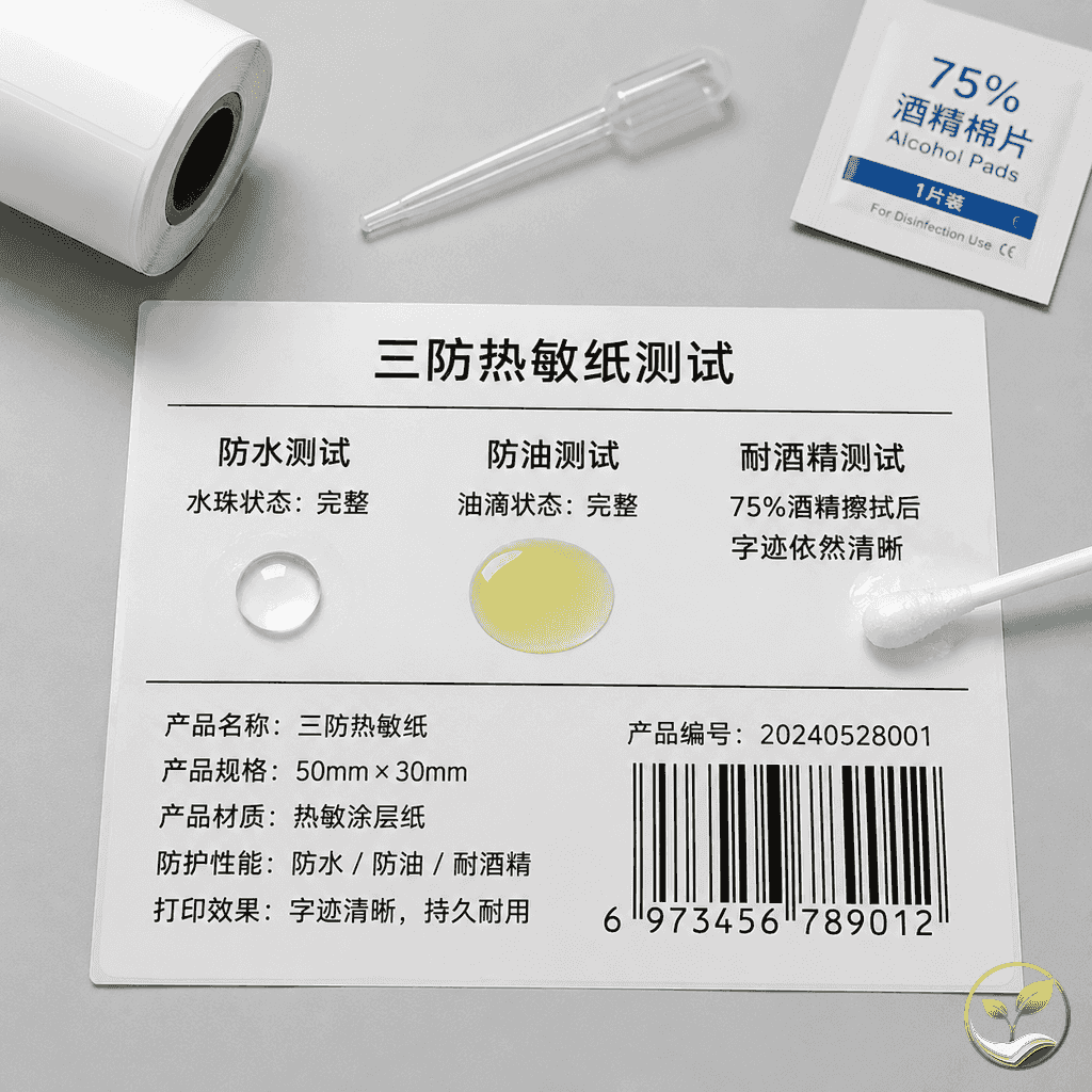 桌面展示三防热敏纸防水防油防酒精测试,滴管滴水、油滴和酒精棉签在纸面,字迹保持清晰