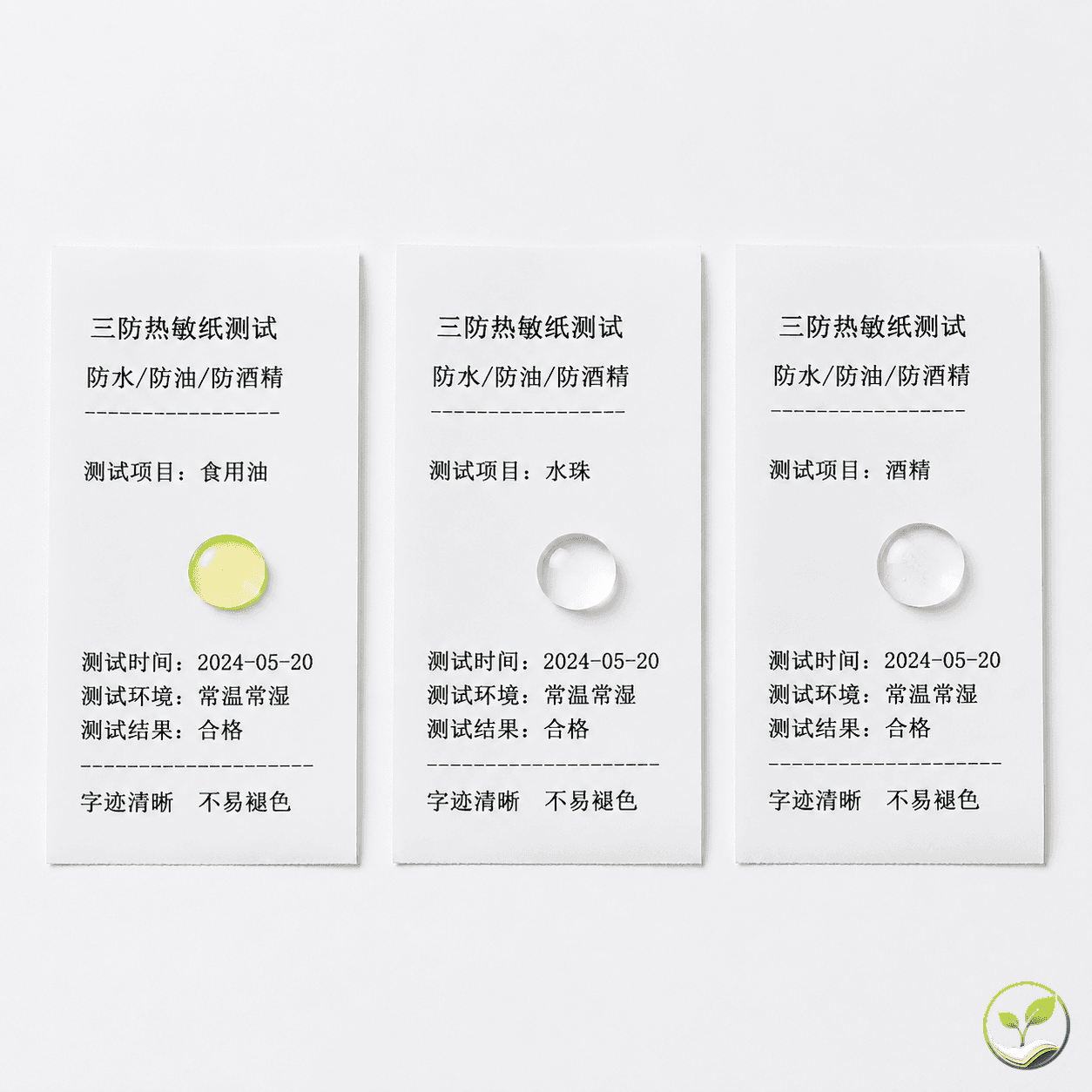 三张热敏纸测试样卡并列展示,分别滴有油珠、水珠、酒精,真三防纸表面液滴呈球状不渗透