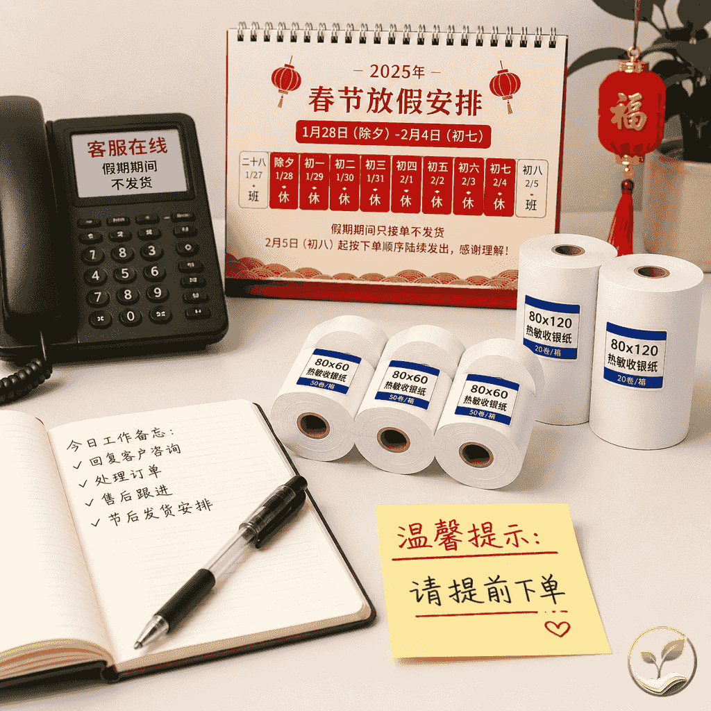 客服办公桌一角，热敏纸样品、电话和笔记本，旁边有“温馨提示”便签