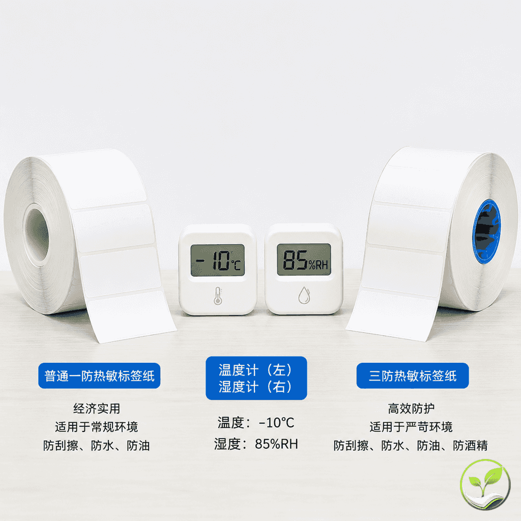 一防与三防热敏标签纸卷对比,旁边放置温度计和湿度计,体现环境参数选择