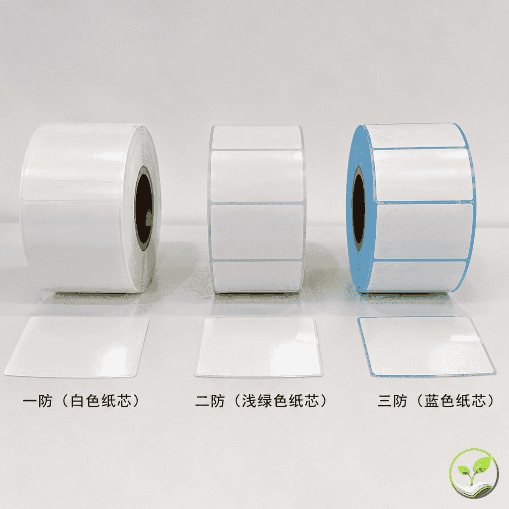 三种涂层等级(一防、二防、三防)热敏标签纸卷并排展示,旁边有单张样品体现成本对比