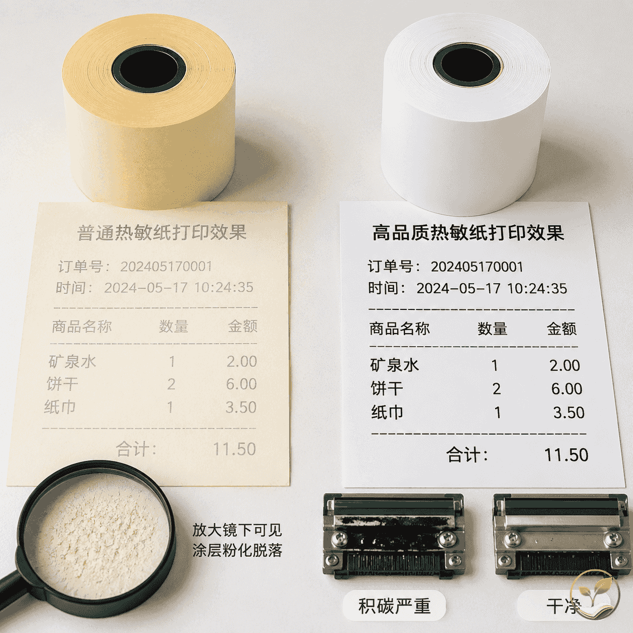 对比展示错误配方导致打印头积碳和字迹褪色的热敏纸样品,以及正确配方的清晰样品