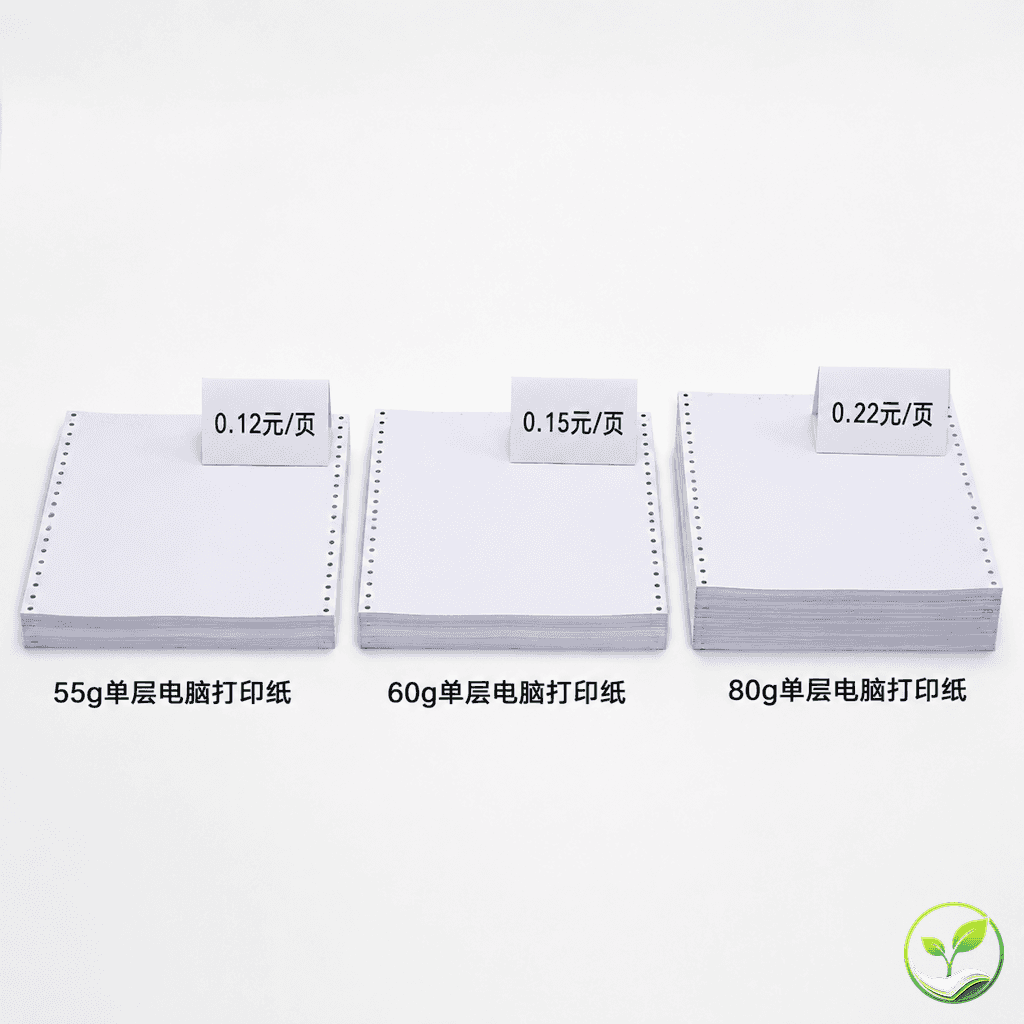 三种克重电脑打印纸并排展示,旁边附有价格标签对比单页成本