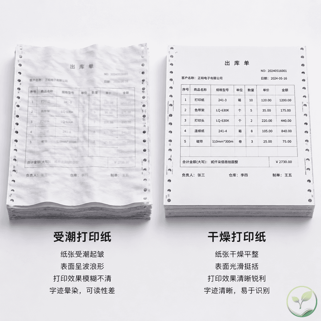 电脑打印纸受潮与干燥状态的对比展示，左边纸张起皱字迹模糊，右边纸张平整字迹清晰，强调防潮重要性