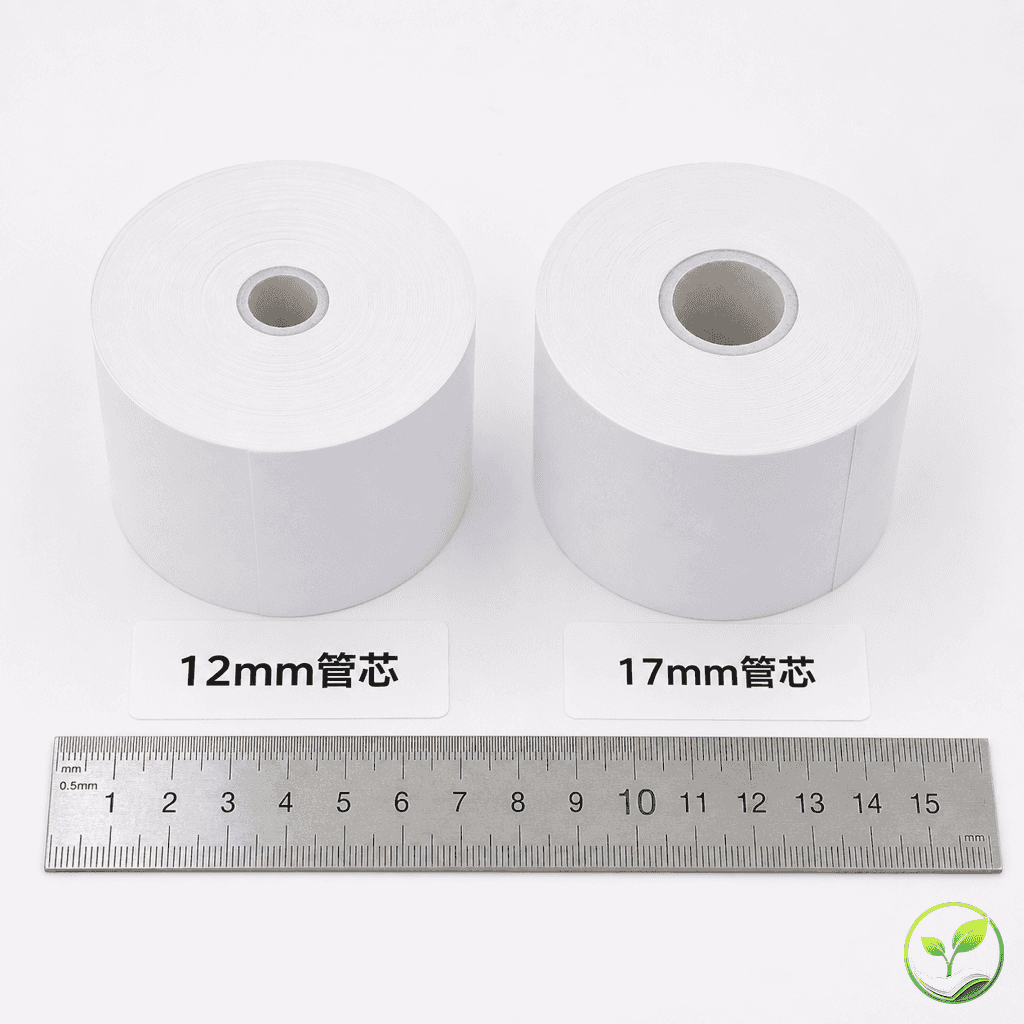 两个80x80热敏纸卷并排对比，一个使用12mm管芯，一个使用17mm管芯，旁边放有刻度尺标注长度差异