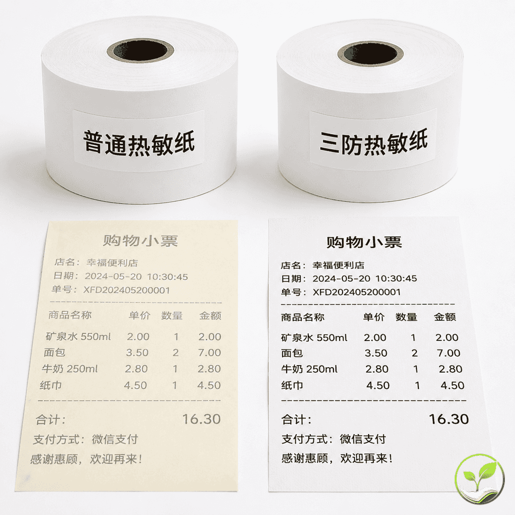 两卷热敏纸并排对比,一卷标注普通纸,一卷标注三防纸,旁边展示打印出的两张收据样张,一张字迹清晰,一张已褪色