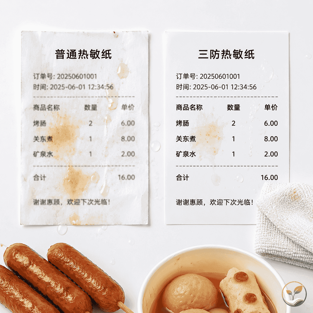 三防热敏纸防水防油防摩擦的对比测试场景，展示字迹清晰度差异