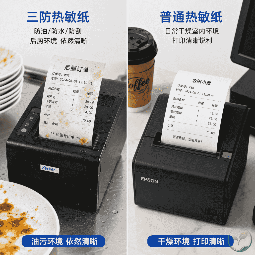 三防热敏纸用于后厨和外卖场景,普通热敏纸用于干燥室内收银场景