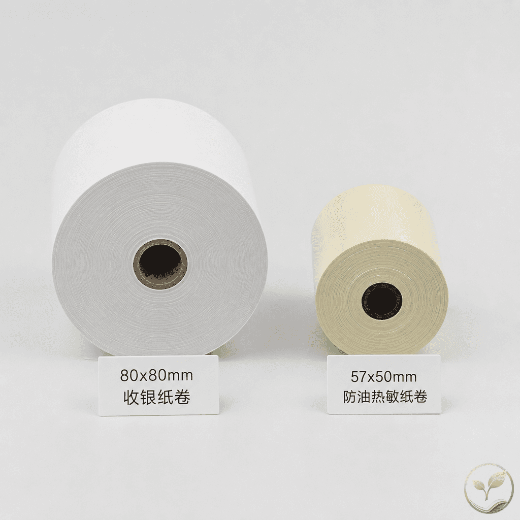 前台80x80mm收银纸卷与后厨57x50mm防油热敏纸卷并排对比,标注尺寸,背景为浅色桌面