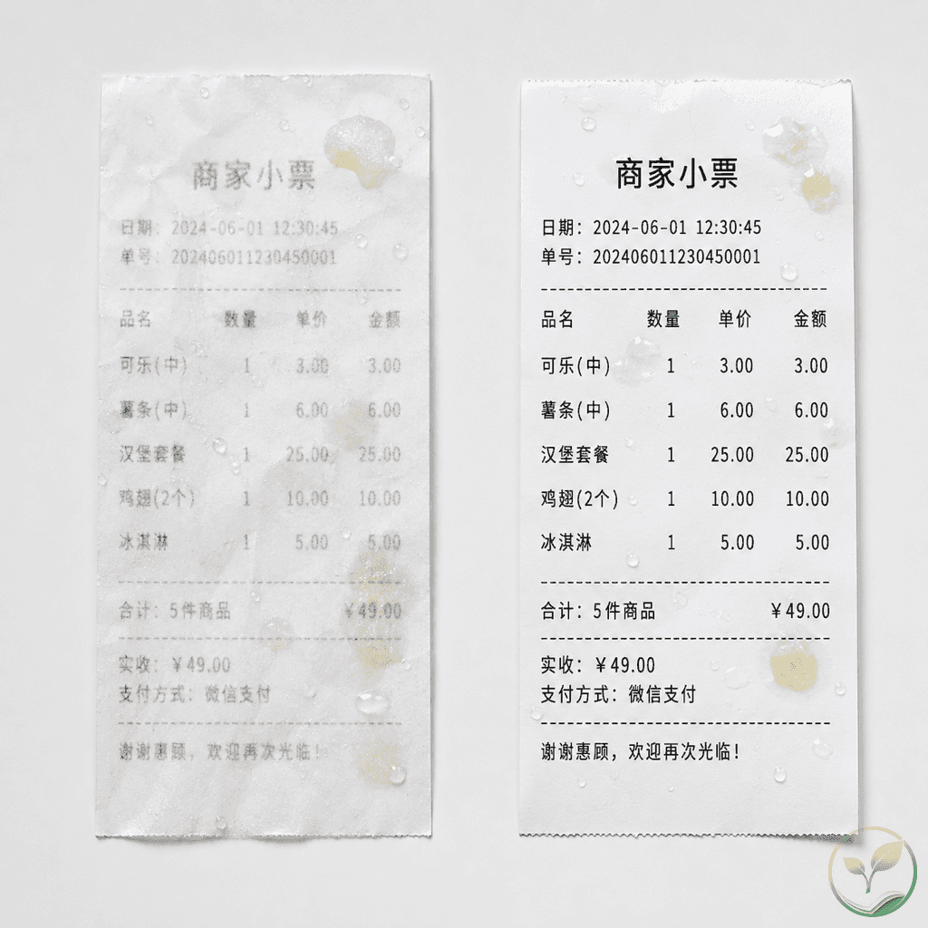 普通热敏纸小票与三防热敏纸小票对比，其中一张小票被水滴和油污沾染后字迹模糊，另一张依然清晰