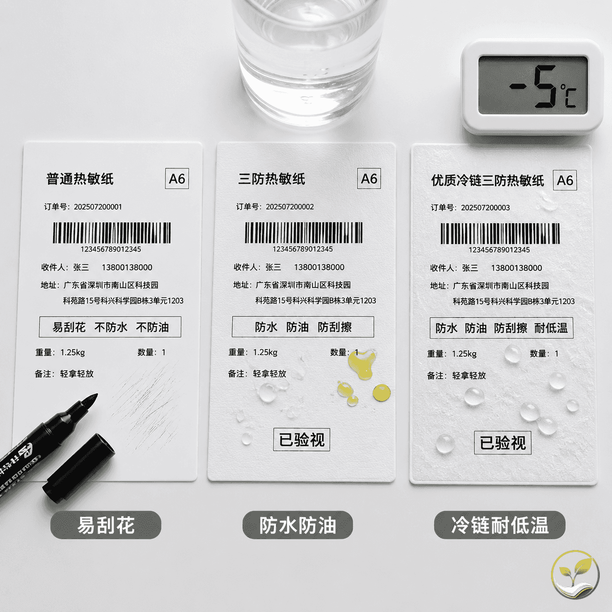 三张热敏标签纸实物并排对比,分别模拟室内分拣、中转运输、冷链户外场景,展示不同纸张的防护性能。
