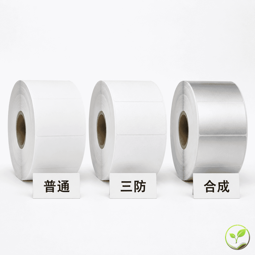 三种热敏标签纸材质对比:普通热敏纸、三防热敏纸、亚银合成纸并排展示,纸张纹理和标签形态清晰可见